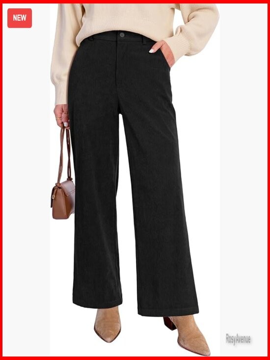 Pants - High Waisted Wide Leg Corduroy Pants with Pockets, Elastic Waist, Fall Business